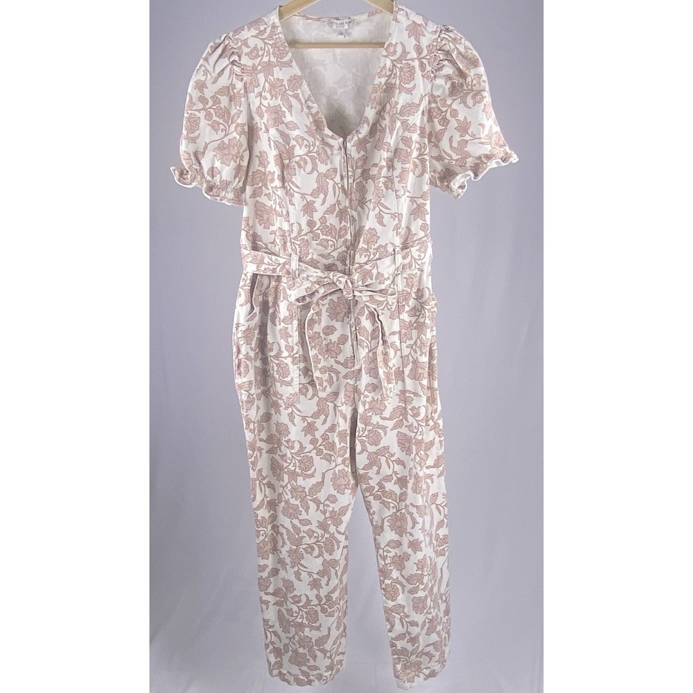Skies Are Blue Jumpsuit Womens 1X Pink Floral Puff‎ Sleeve Belted Cottagecore